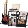 Black End Table, Small Side Table with Metal Frame,Modern Record Player Stand with Storage Shelf, Wood 3 Tier Sofa Bedside Tables, Narrow Nightstand for Living Room Bedroom Office