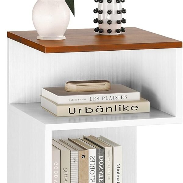 Tokyo S Flip Minimalist 3 Tier End Table with Fast Charging Station - USB C Cable Wood Nightstand for Small Spaces with Open Storage Bedside Table for Bedroom (Reverse, Natural w/Charging)