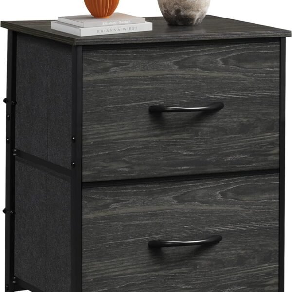 Night Stand, Small 2 Drawer Dresser, Nightstand with Fabric Bins for Bedroom, Closet, Dorm, Rustic Brown Wood Grain Print, 11.8" D x 15.7" W x 20.9" H