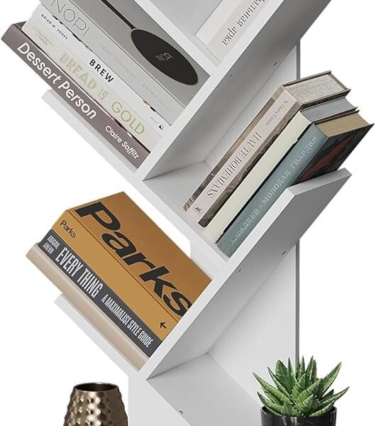 6 Tier Tree Bookshelf, Small Bookcase with Storage Cabinet, Modern Tall Narrow Bookshelves Organizer, Floor Standing Book Shelf for Bedroom/Living Room/Home Office/Corner, Rustic Brown