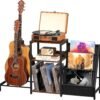 Black End Table, Small Side Table with Metal Frame,Modern Record Player Stand with Storage Shelf, Wood 3 Tier Sofa Bedside Tables, Narrow Nightstand for Living Room Bedroom Office