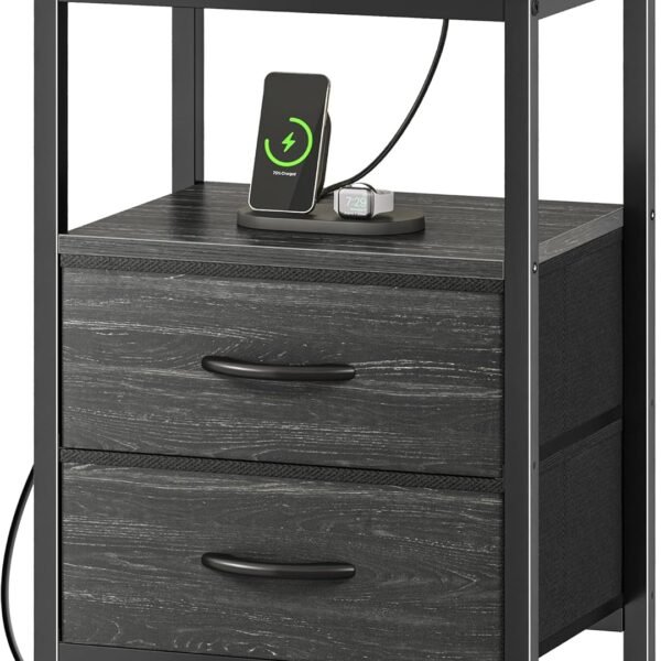 Nightstand with Charging Station, Side Table with Fabric Drawers, End Table with Open Shelf, Bedside Table with USB Ports and Outlets, Night Stand for Bedroom, Rustic Brown and Black