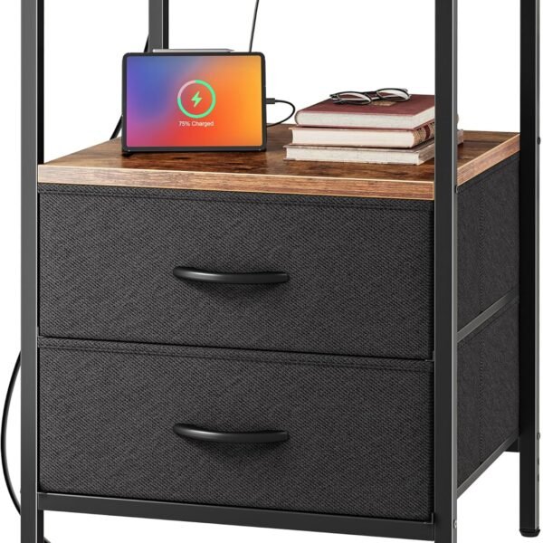 Nightstand with Charging Station, Side Table with Fabric Drawers, End Table with Open Shelf, Bedside Table with USB Ports and Outlets, Night Stand for Bedroom, Rustic Brown and Black